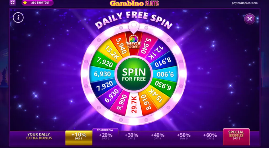 Gambino Slots G-Wheeelz daily bonus wheel showing free G-Coin prizes