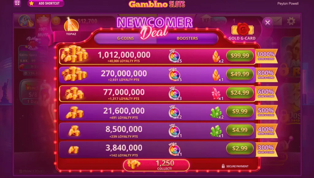 Gambino Slots first-purchase bonus offers showing discounted G-Coin packages with extra free spins and rewards