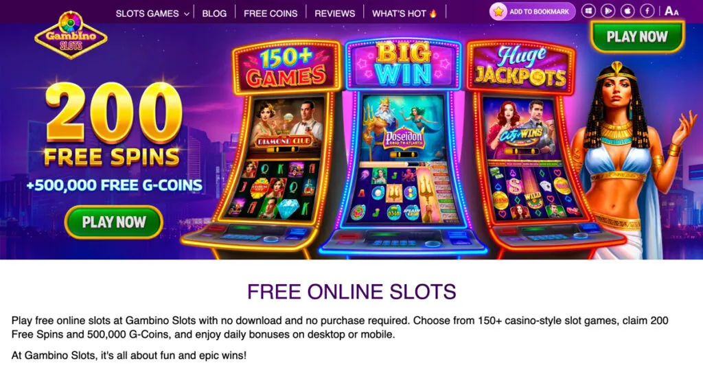 Gambino Slots website showing the 500,000 free G-Coins and 200 free spins no-deposit bonus for new players