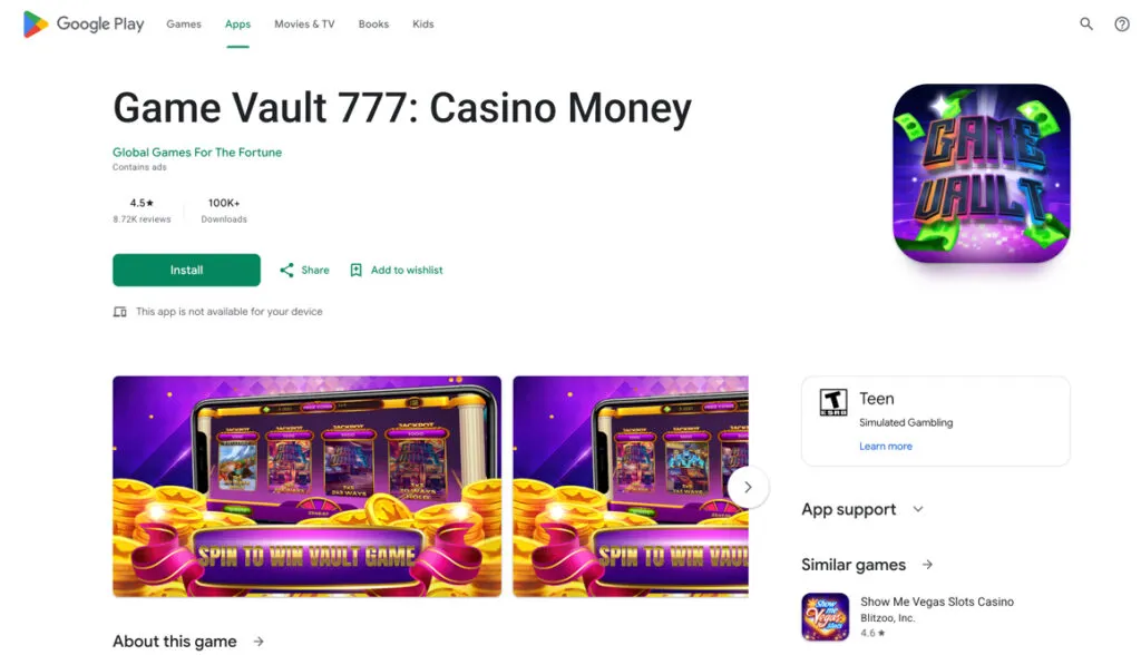 Game Vault 777: Casino Money app listing on the Google Play Store