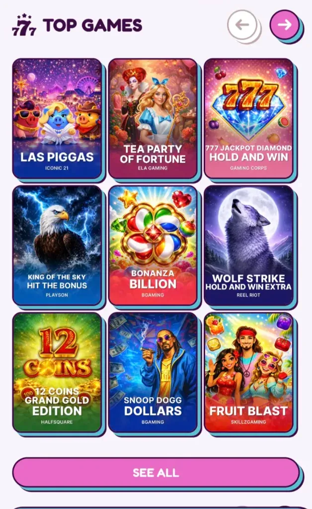 Sweet Sweeps games library showing casino-style games