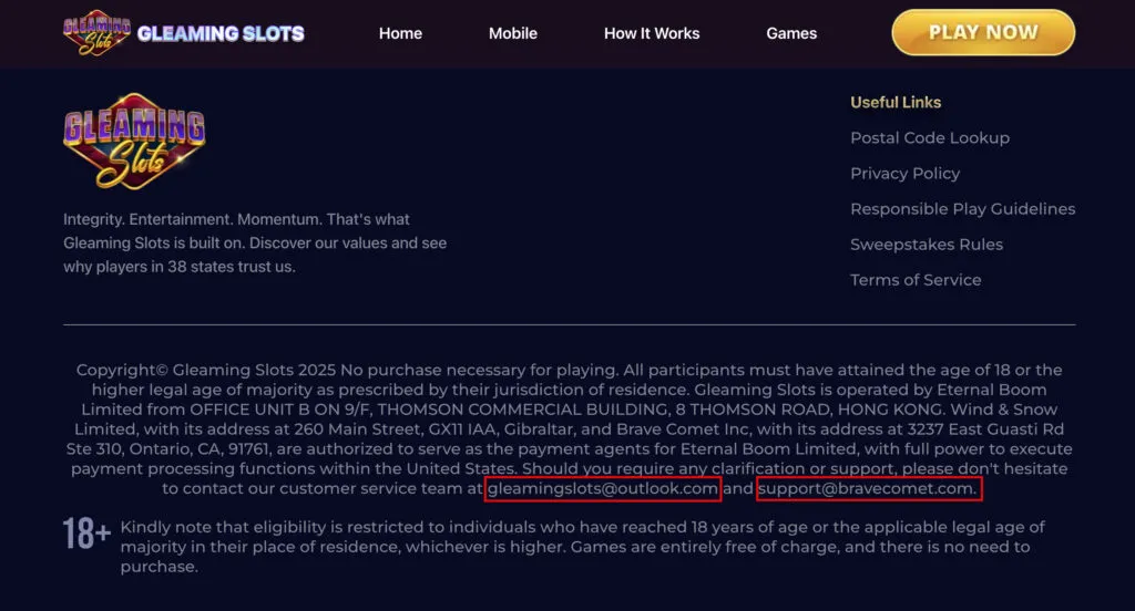 Gleaming Slots customer support email addresses listed on the website