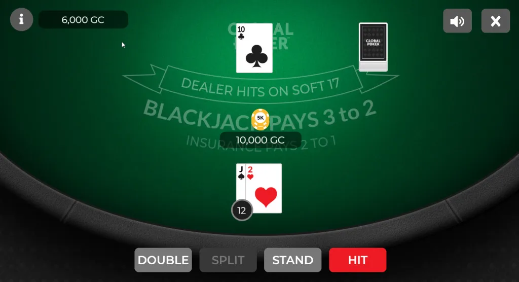 Online blackjack game at a Maine sweepstakes casino, with cards dealt on a virtual table and betting options visible