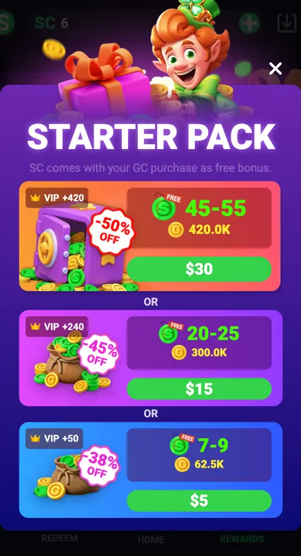 Go Go Gold Casino Starter Pack showing first purchase bonus offers