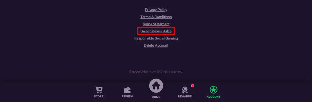 Go Go Gold Casino website footer with sweepstakes rules link
