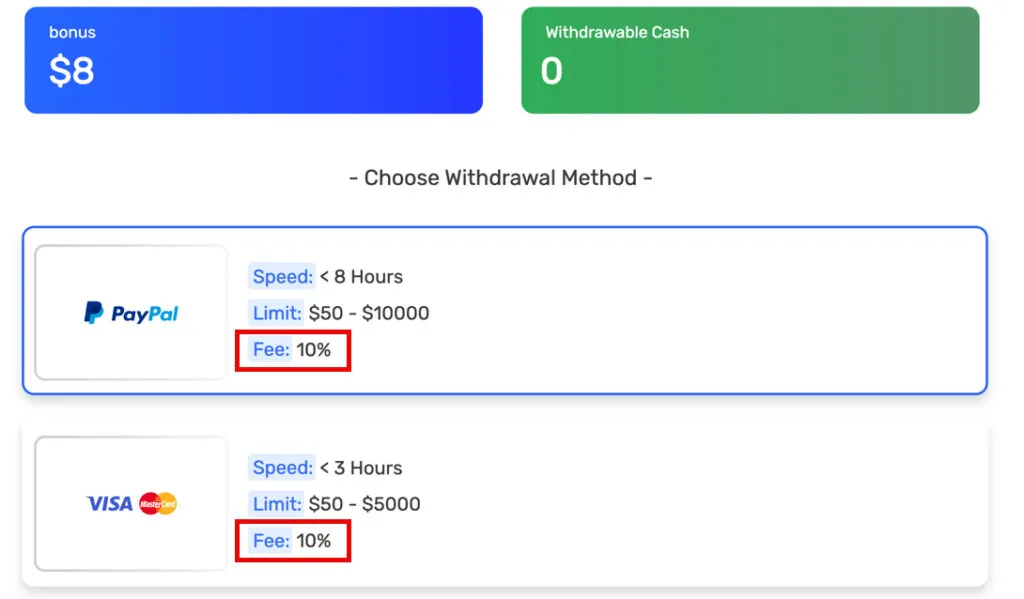 Go Go Gold Casino redemption methods showing payout options and 10% fee