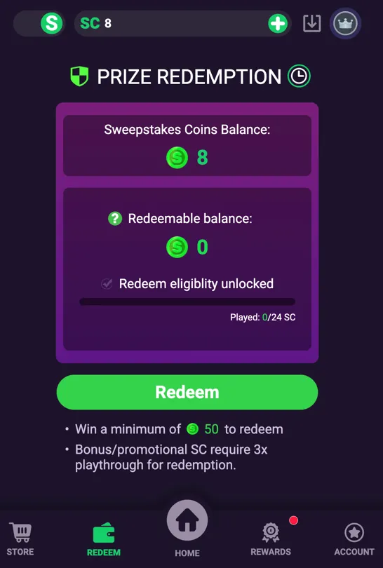 Go Go Gold Casino redemption screen showing SC balance and 50 SC minimum requirement