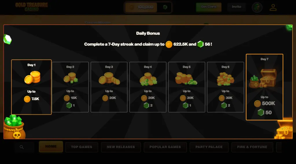 Gold Treasure Casino 7-day login bonus map offering up to 56 SC free