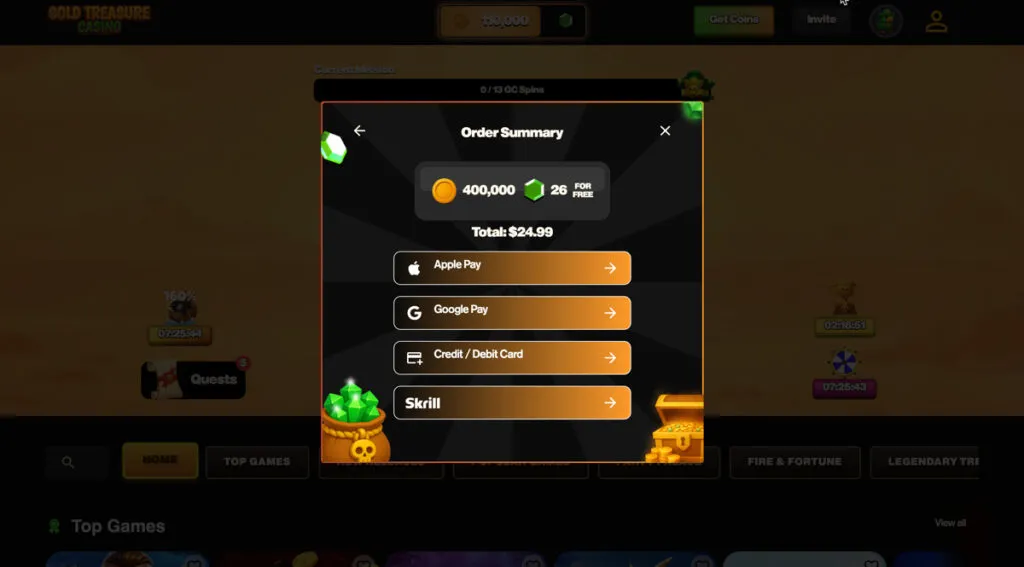 Gold Treasure Casino checkout screen showing payment methods offered