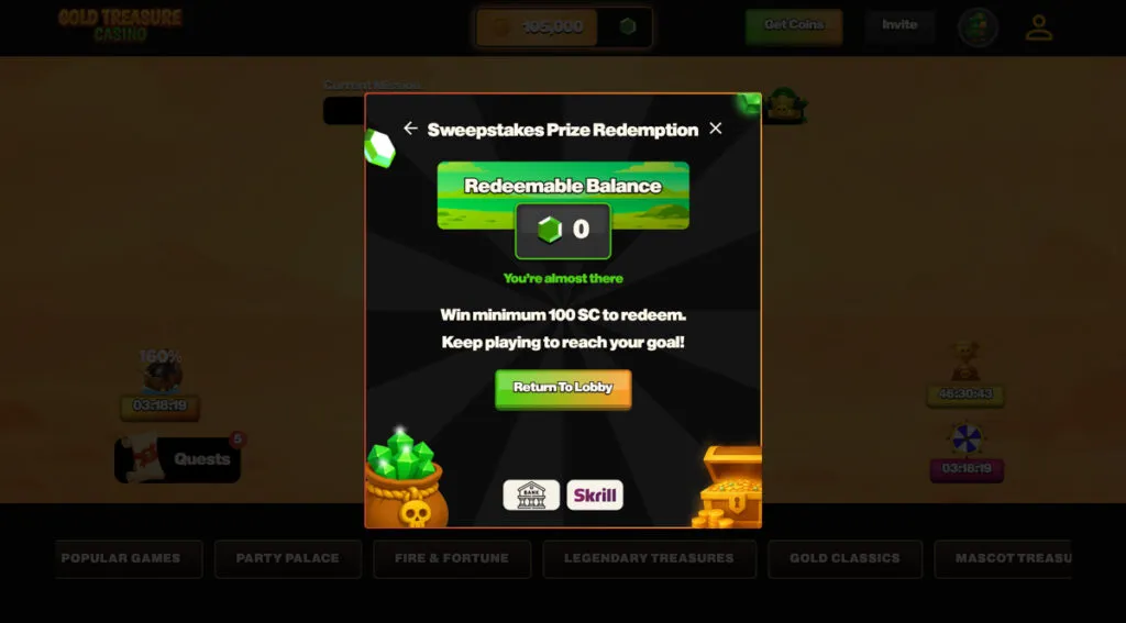 Gold Treasure Casino redemption page showing balance and minimum to redeem