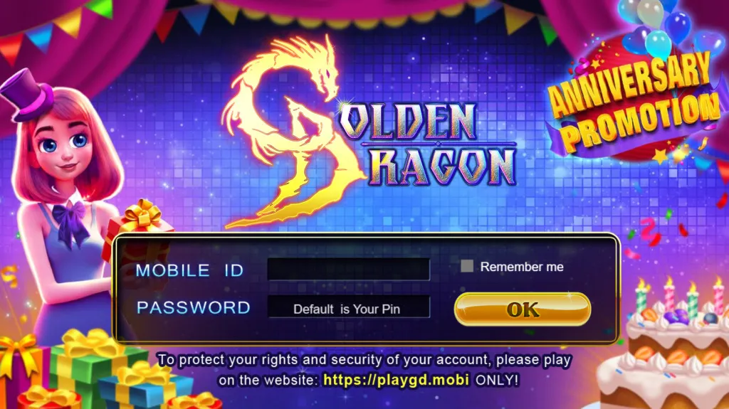 Golden Dragon Mobi login page with fields for Mobile ID and password
