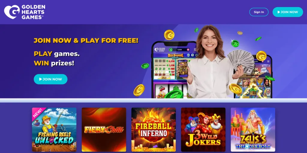Golden Hearts Games homepage showing its most popular games