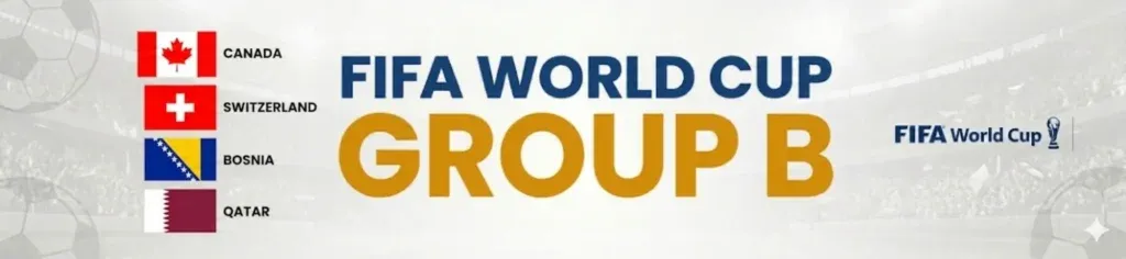 A horizontal FIFA World Cup Group B banner featuring a white stadium background with a faint soccer ball pattern. On the left side, the flags of Canada, Switzerland, Bosnia and Herzegovina, and Qatar are stacked vertically next to their respective country names. The center of the image displays "FIFA WORLD CUP" in navy blue text above a large, gold "GROUP B." The official FIFA World Cup logo appears on the far right.