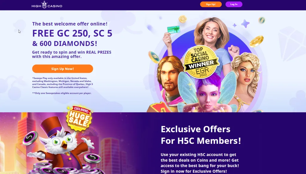 High 5 Casino Homepage with No deposit bonus listed