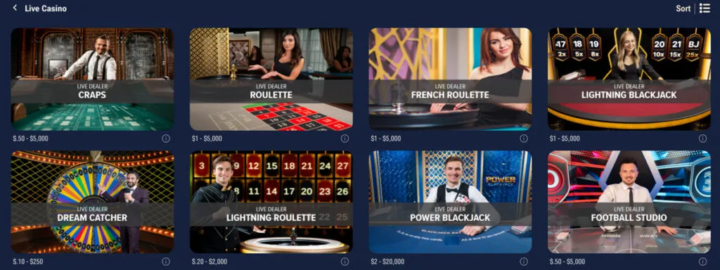 Live dealer game lobby displayed at a Wyoming online casino
