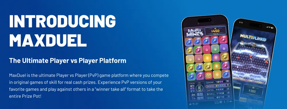 MaxDuel website describing itself as the "Ultimate Player vs Player Platform"