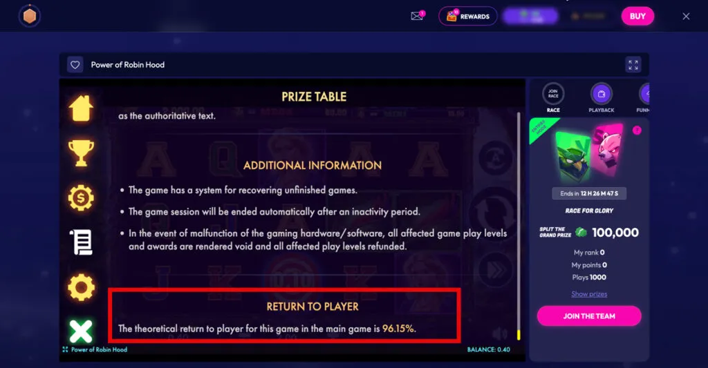 Screenshot showing the RTP percentage for the Power of Robin Hood slot at Funrize Casino, highlighted in a red box within the game