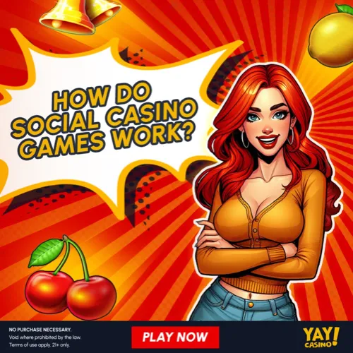 Yay Casino banner asking "How Do Social Casino Games Work?" with a focus on explaining Gold Coins vs Sweeps Coins
