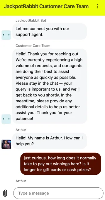 JackpotRabbit customer support live chat conversation on the desktop site