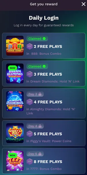 JackpotRabbit daily login bonus showing 7-day reward track
