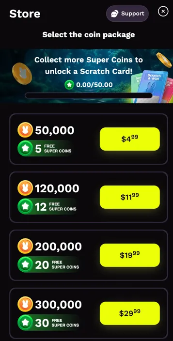 Game Coin purchase options available at JackpotRabbit