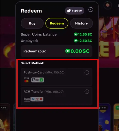 JackpotRabbit cash prize redemption options showing push-to-card and bank transfer methods