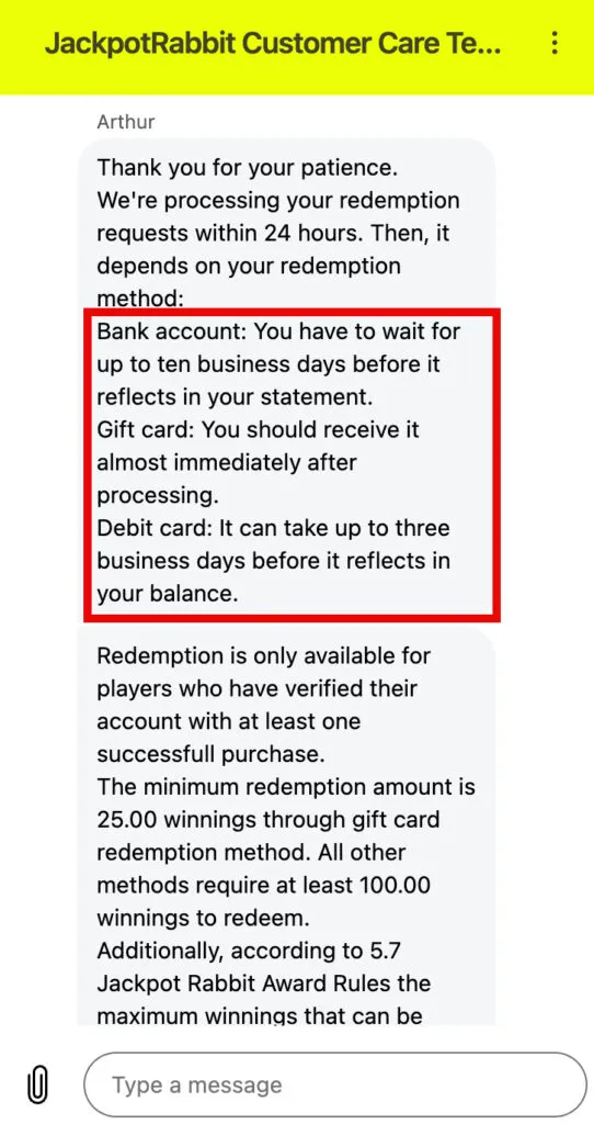 JackpotRabbit customer support message explaining expected payout times by redemption method