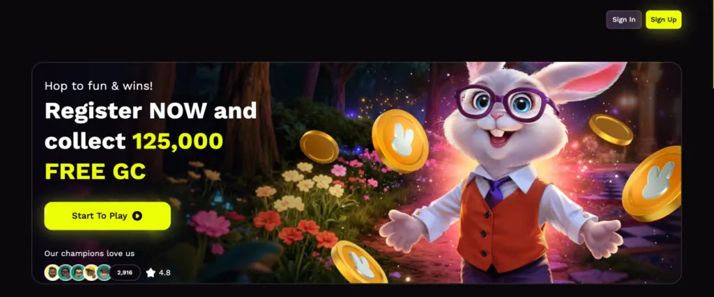 JackpotRabbit website showing 125,000 free GC offered after registration