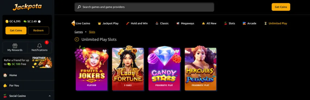 Jackpota Casino Unlimited Play slots section with games available for 1 Gold Coin per spin.