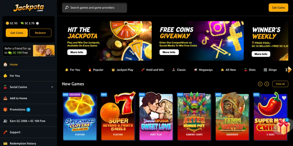 Jackpota Casino desktop lobby showing recently added games and ongoing promotions