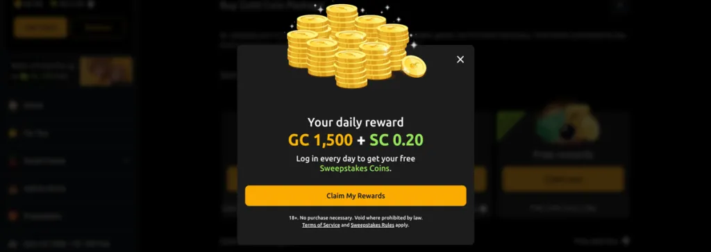 Claiming the Jackpota Day 1 daily login bonus of 1,500 Gold Coins and 0.20 Sweepstakes Coins