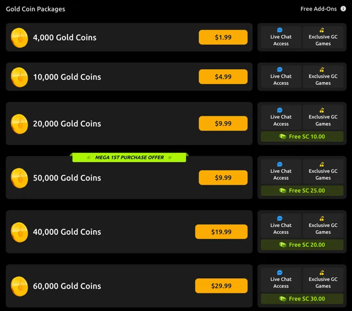 Gold Coin packages available for purchase at Jackpota.com