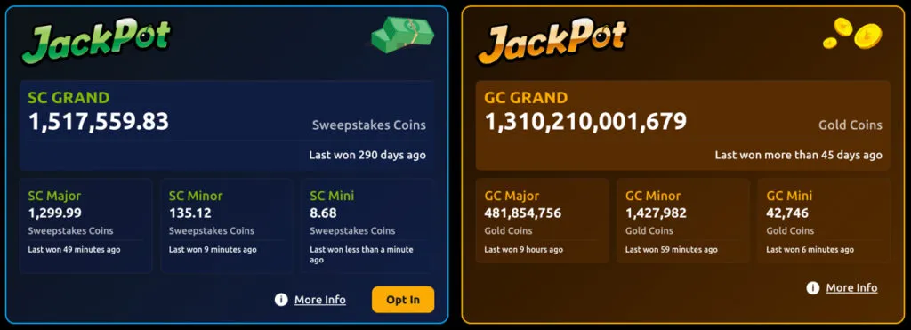 Jackpota Casino jackpot tiers showing starting amounts for GC and SC: Mini, Minor, Major, and Grand.