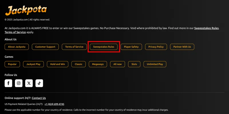 Jackpota website screen highlighting where users can find and access the official Sweepstakes Rules