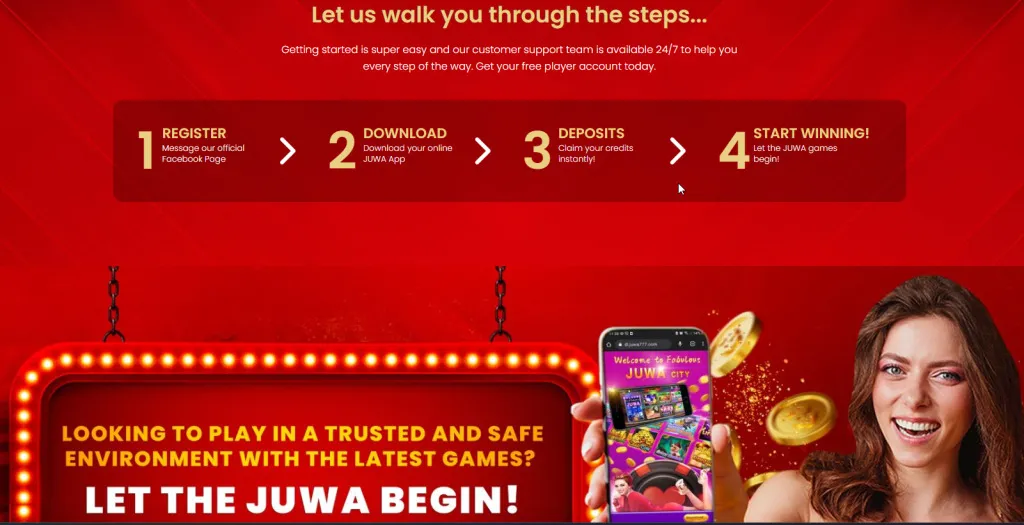Juwa Casino registration guide showing sign-up, download, and login instructions