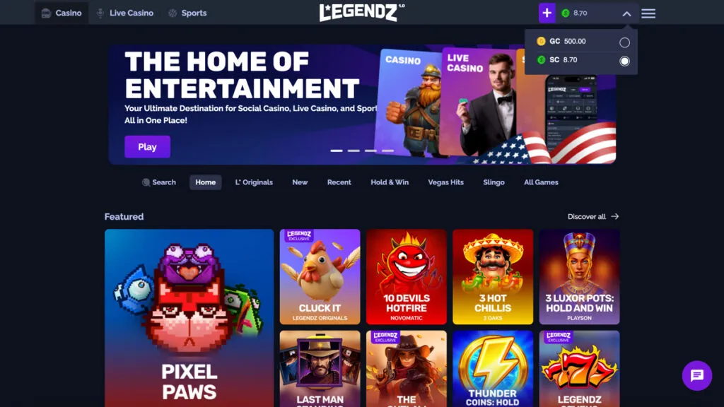 Legendz Casino lobby view showing a mix of top games and an easy-to-use layout