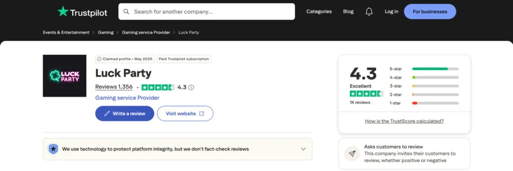 Luck Party Casino player reviews and ratings on Trustpilot