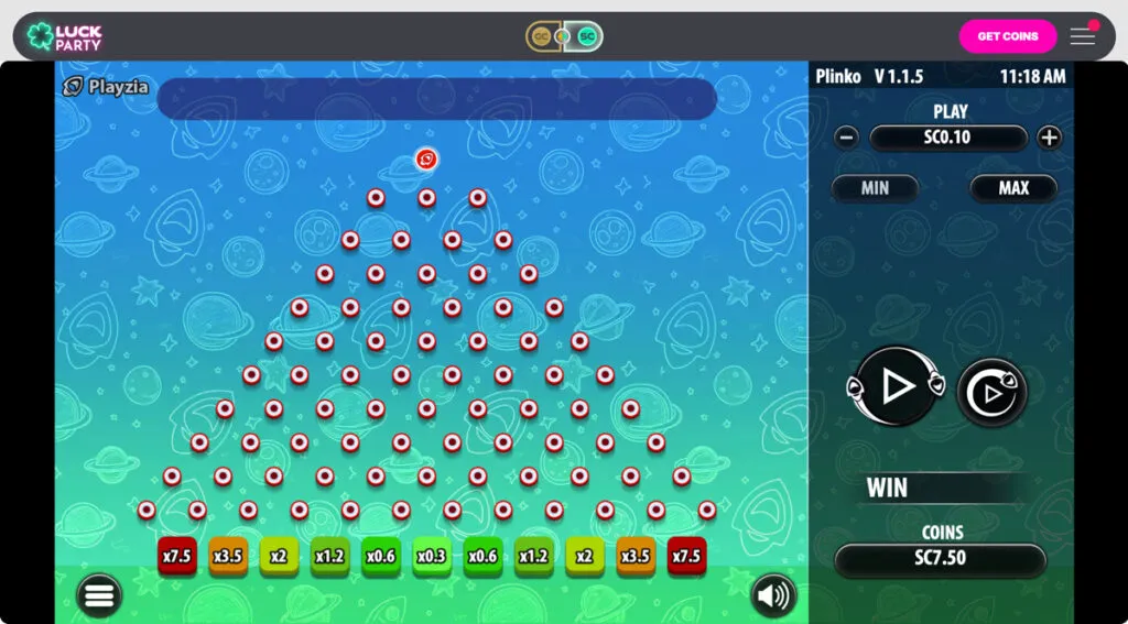 Playzia Plinko game being played at Luck Party Casino