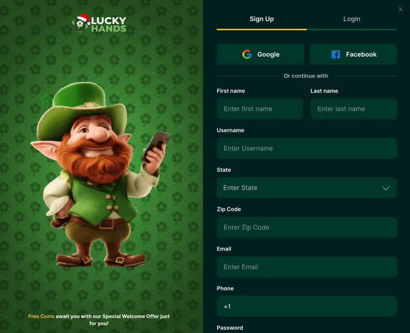 Lucky Hands Casino Login Page