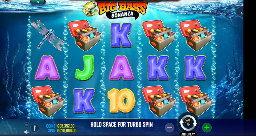 Big Bass Bonanza slot game on LuckyLand Slots with fishing-themed symbols on the reels