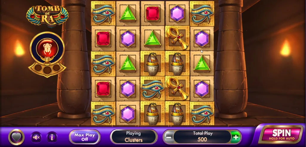 Tomb of Ra slot on LuckyLand Slots showing Egyptian-themed symbols on the reels