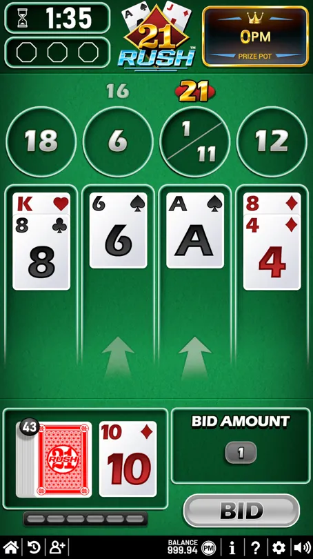 21 Rush SoloPlay card game on MaxDuel that combines blackjack and solitaire gameplay