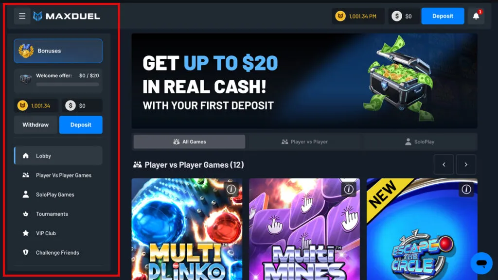 MaxDuel desktop website with menu options displayed