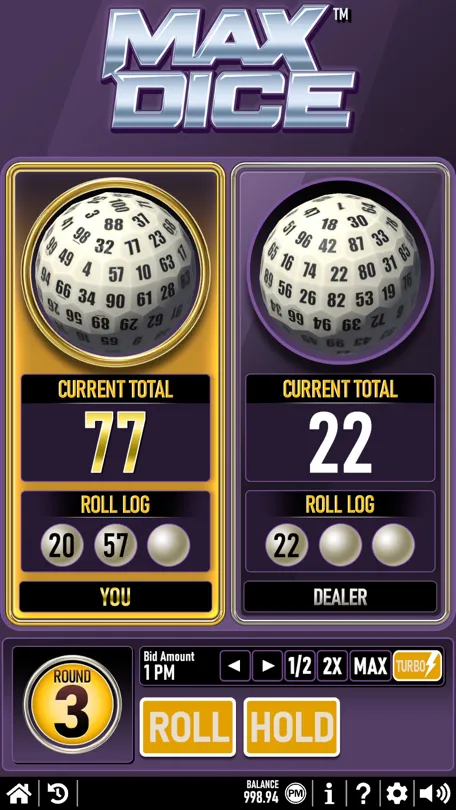 Max Dice SoloPlay game on MaxDuel where players try to get as close to 100 as possible