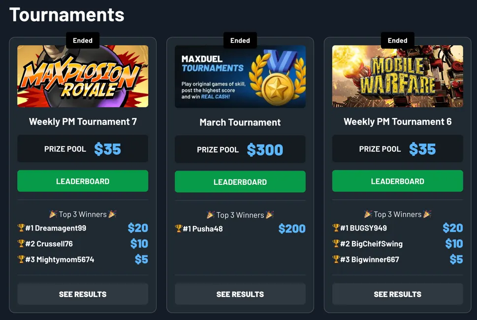 MaxDuel tournament leaderboards with recent winners and prize pools