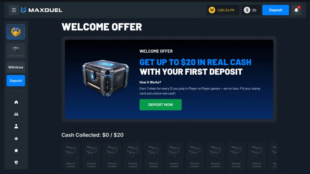 MaxDuel welcome offer tracker showing progress toward the $20 sign-up bonus