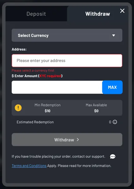 MaxDuel crypto withdrawal options and cash-out form