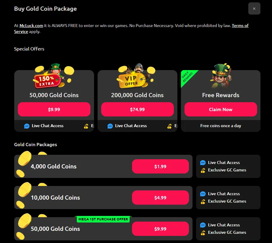 McLuck Gold Coin packages
