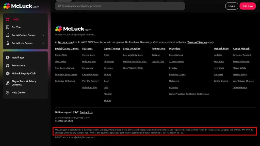 McLuck footer showing B-Two Operations Limited ownership and company details