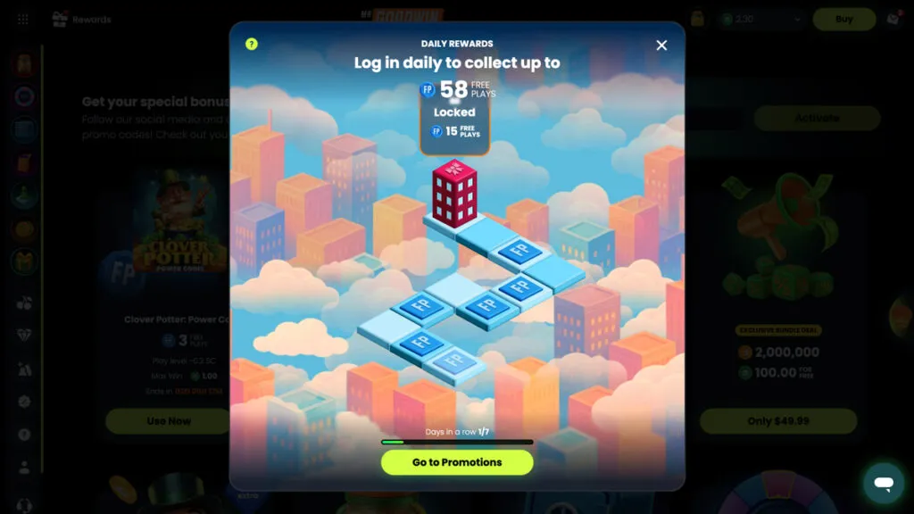 Mr. Goodwin Casino Daily Rewards streak map with Free Plays increasing from Day 1 to Day 7